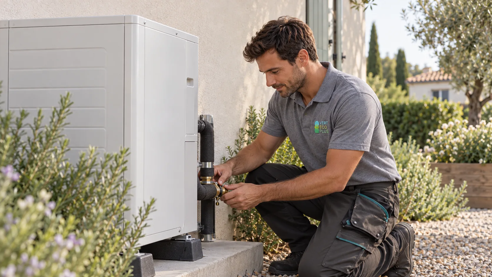 Technicien Vert Eco Plus préparant l’installation d’une pompe à chaleur