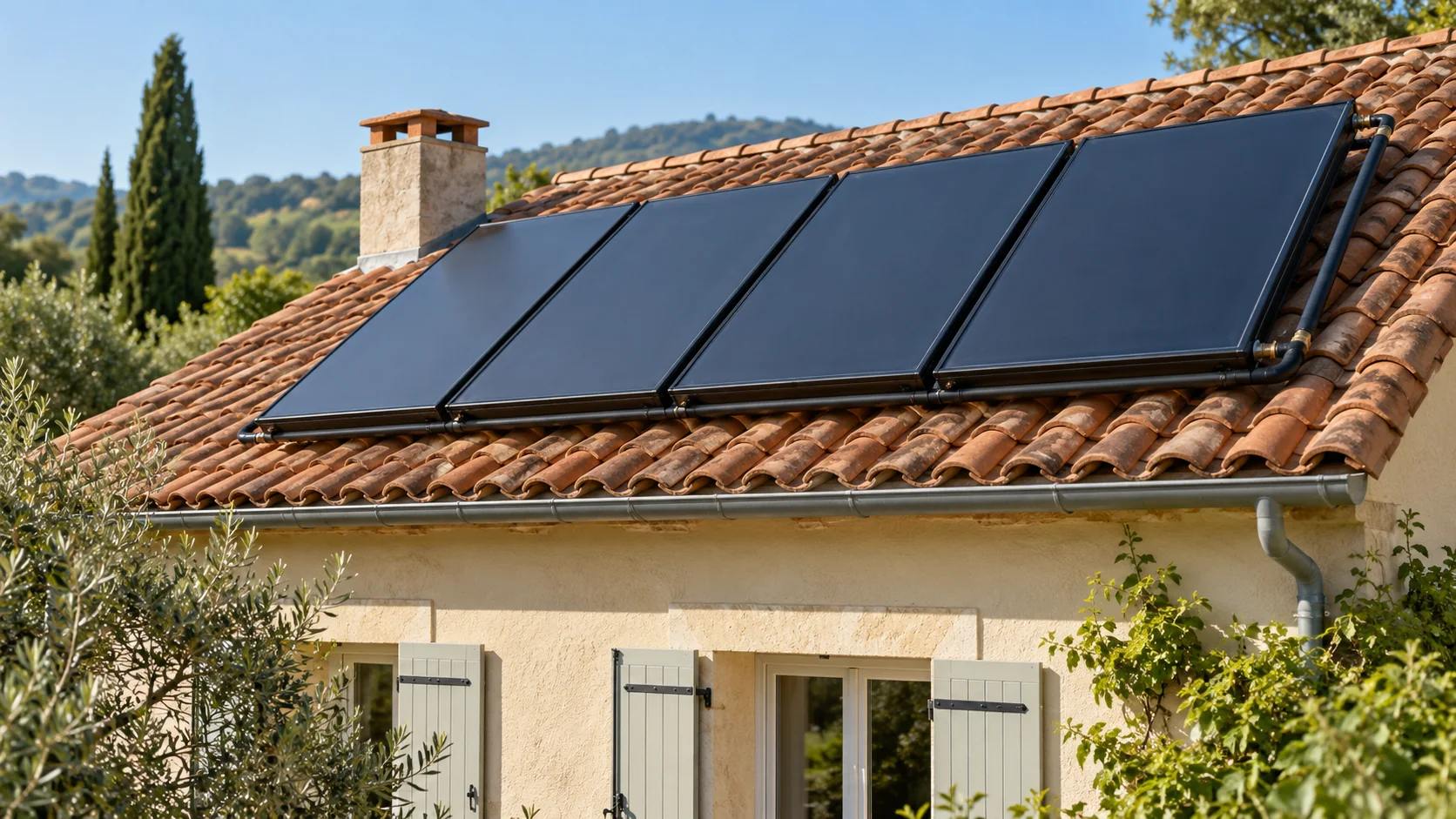 Illustration de capteurs solaires thermiques vitrés sur le toit d’une maison